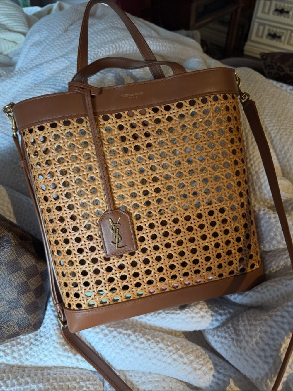 Saint Laurent Tan and Brown Woven Leather Shoulder Bag
